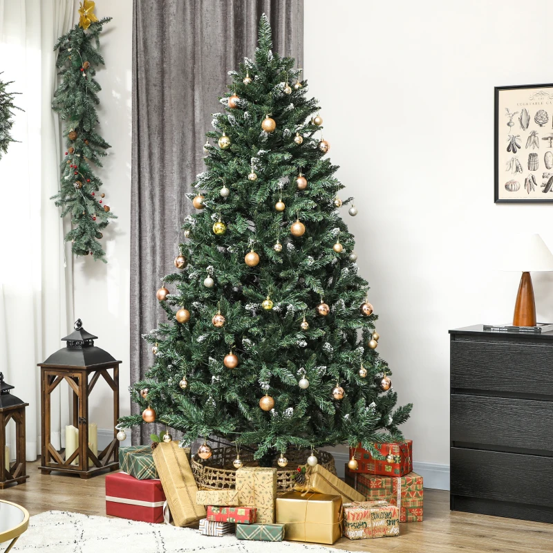 HOMCOM 7 ft Frosted Prelit Christmas Tree, Full Spruce Xmas Tree with Dual Colour LED Light, Hinged Xmas Tree, Easy Assembly