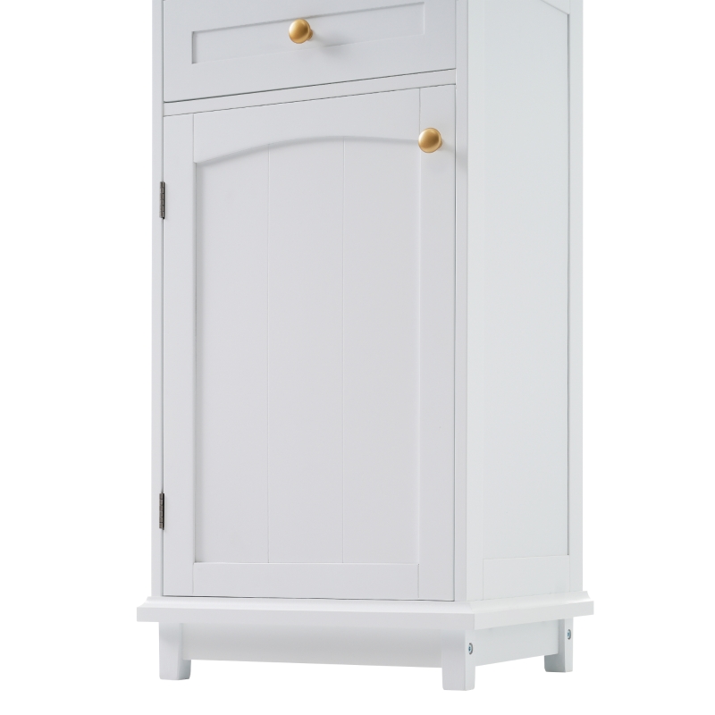 Tall Bathroom Storage Cabinet with Glass Doors, Free-Standing with Adjustable Shelves and Drawers, 18" L x 14" W x 63" H, White