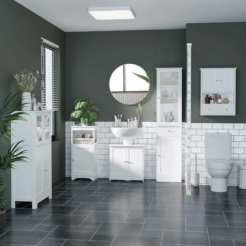 kleankin Bathroom Floor Storage Cabinet with Tempered Glass Doors and Adjustable Shelf, Kitchen Cupboard, Free Standing Organizer for Living Room Entryway, White