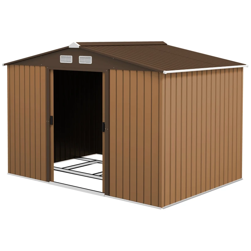 Outsunny 9.1'x6.4'x6.3' Garden Storage Shed w/ Floor Foundation Metal Tool Storage House w/ Double Doors Dark Grey Yellow
