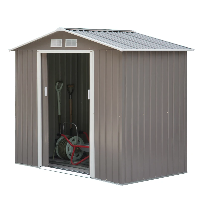 Outsunny 7' x 4' x 6' Metal Storage Shed Outdoor Patio Metal Tool Storage House w/ Foundation Kit and Double Doors Light Brown