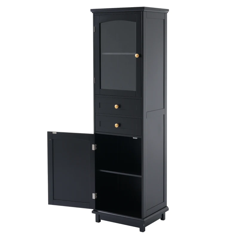 Tall Bathroom Storage Cabinet with Glass Doors, Free-Standing Design, Adjustable Shelves for Stylish Organization, 18" L x 14" W x 63" H, Black