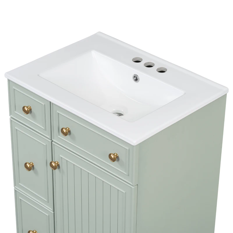 24" Bathroom Vanity with 4 Drawers and 1 Door, Ceramic Sink, Cabinet with Solid Wood Construction, 24" L x 18.5" W x 34.5" H, Green+White