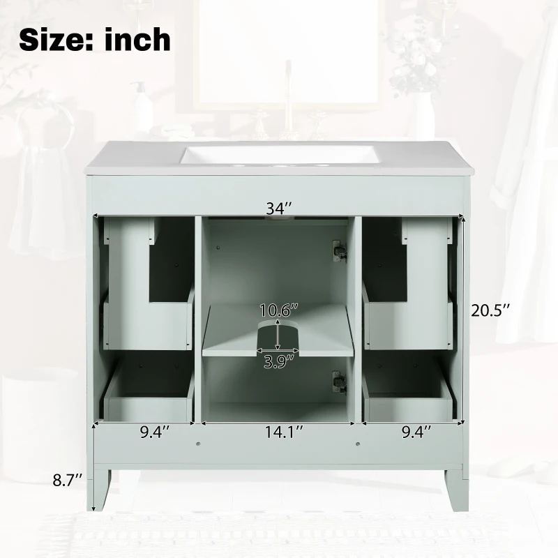 36" Bathroom Vanity with Ceramic Sink, Soft-Close Doors and Drawers, Storage Cabinet with Adjustable Shelf, 36" L x 18" W x 34" H, Green