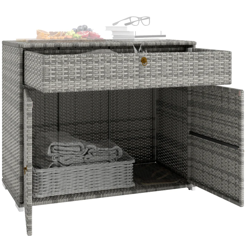 Outsunny Outdoor Storage Cabinet, Wicker 2-Door Pool Towel Storage Cabinet with Drawer, PE Rattan Pool Organizer, Grey