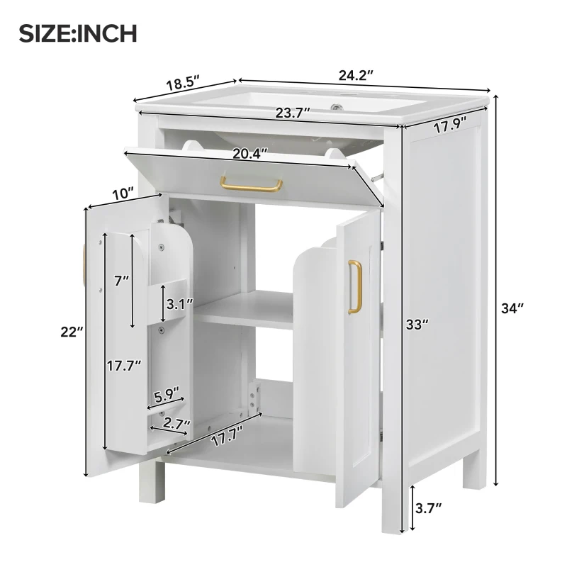 Space-Saving Design Bathroom Vanity Combo with Ceramic Sink, Storage Cabinet with Wood Frame, 24" L x 18.5" W x 34" H, White