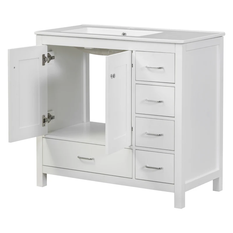36" Bathroom Vanity with Ceramic Sink, 2 Soft-Close Doors and 5 Drawers, Cabinet with Free-Standing Design, 36" L x 18" W x 34" H, White
