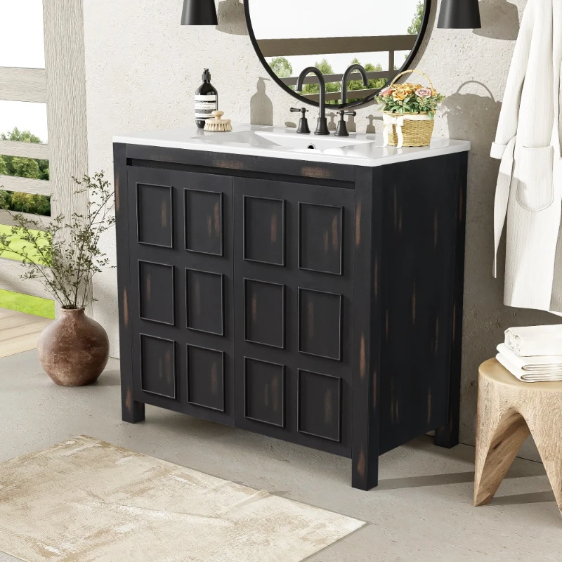 36" Bathroom Vanity with Ceramic Sink, Solid Wood Construction, Storage Cabinet with Soft Close Doors, 36" L x 18.5" W x 34" H, Espresso