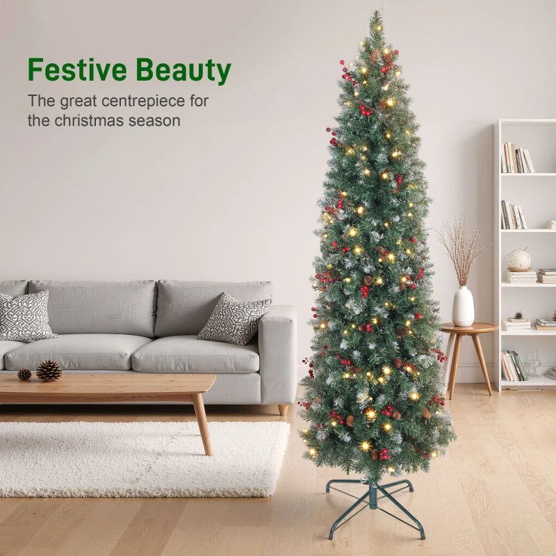HOMCOM 6 ft Pencil Prelit Christmas Tree with LED Light, Silver Glitter, Dense Pointed Branches, 8 Modes, Slim Xmas Tree