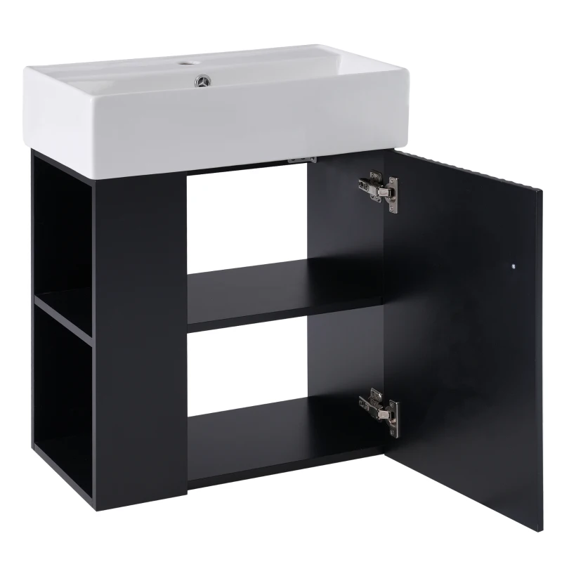 Modern Floating Bathroom Vanity with Ceramic Basin and Side Storage, Cabinet with Rose Golden Handle, 21.5" L x 12" W x 26.5" H, Black