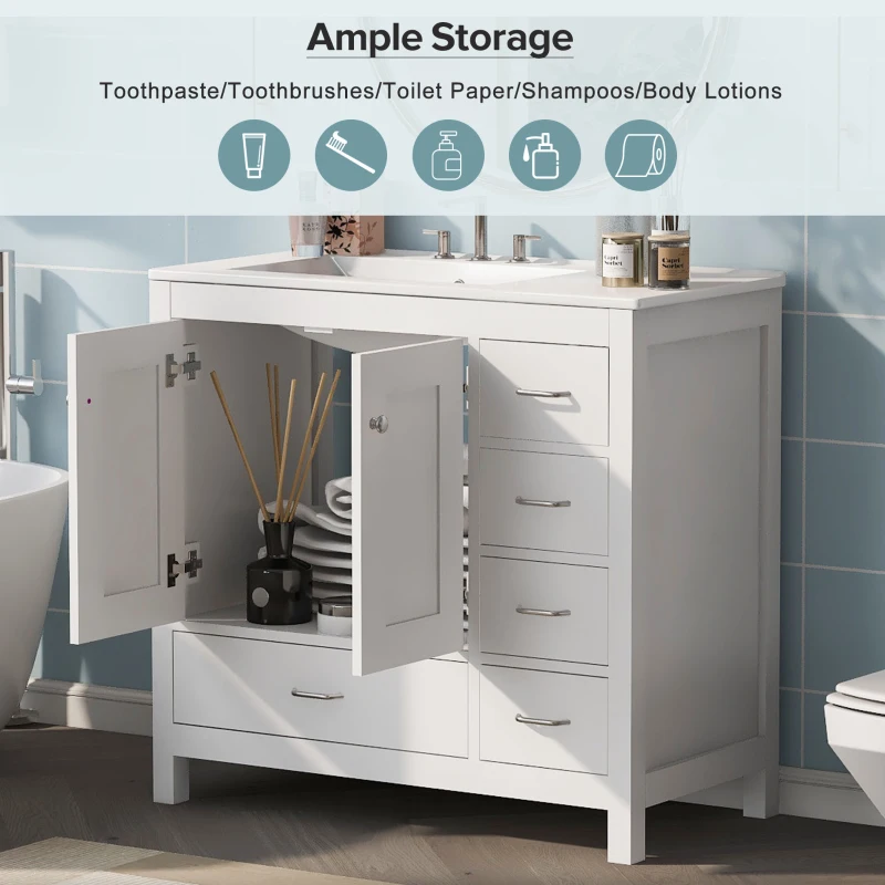 36" Bathroom Vanity with Ceramic Sink, 2 Soft-Close Doors and 5 Drawers, Cabinet with Free-Standing Design, 36" L x 18" W x 34" H, White