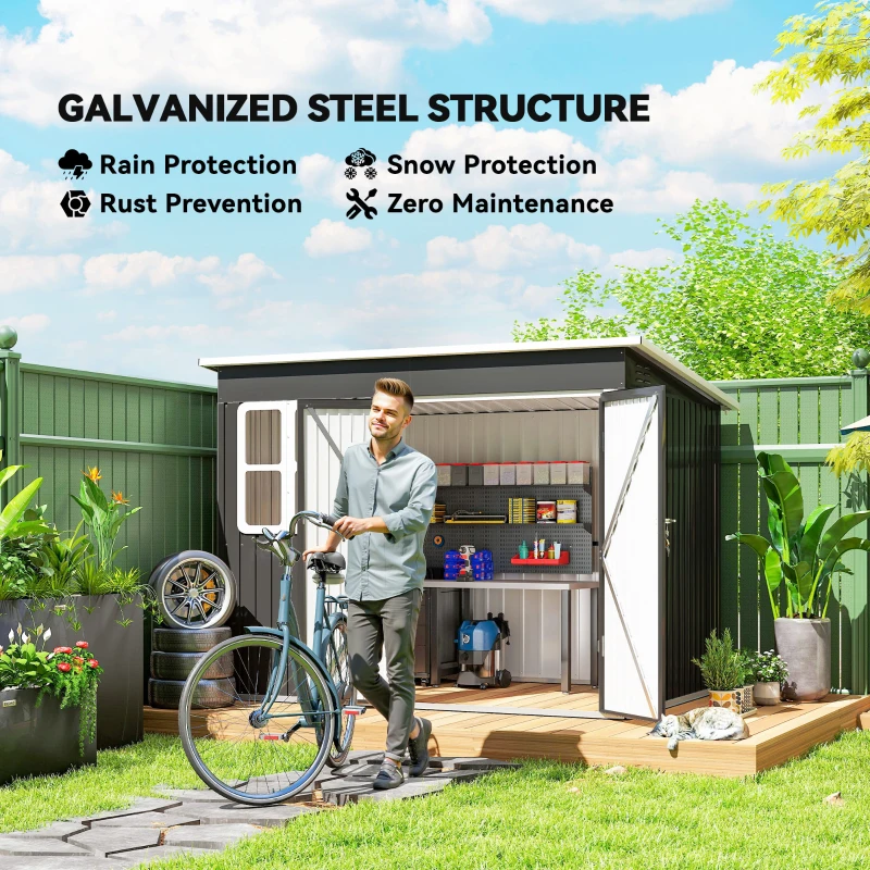 Outsunny 8.5' x 6' Galvanised Steel Outdoor Storage Shed, Garden Shed with Window, Lockable Wide Doors and Air Vents, Dark Grey