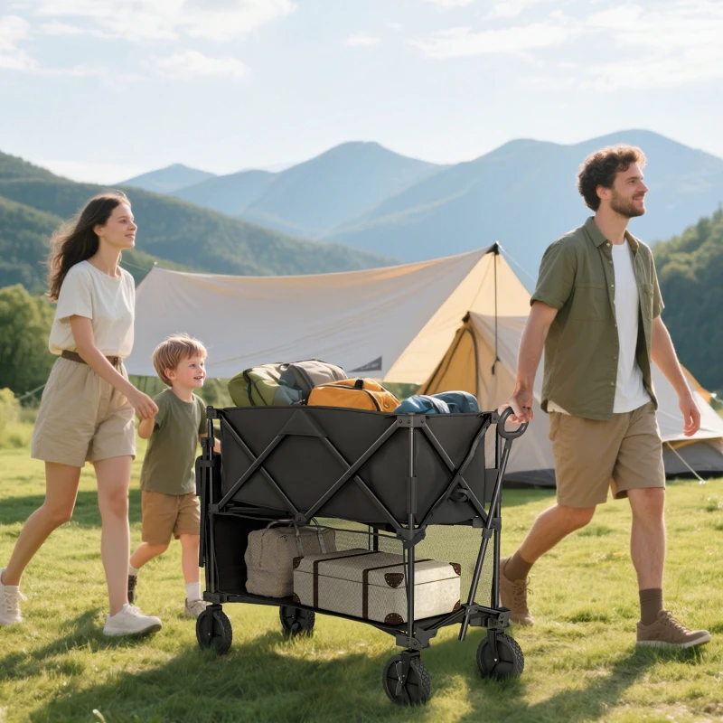 Outsunny Double Decker Folding Wagon Cart, 450LBS & 350L Capacity Collapsible Garden Cart for Camping Sports Shopping and Beach