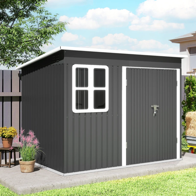 Outsunny 8.5' x 6' Galvanised Steel Outdoor Storage Shed, Garden Shed with Window, Lockable Wide Doors and Air Vents, Dark Grey