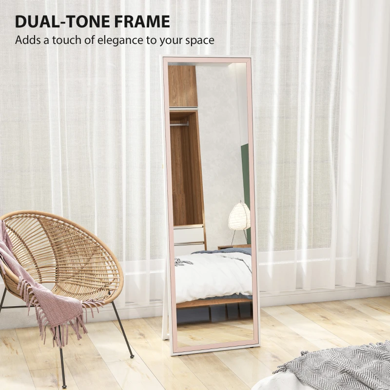 HOMCOM 64" x 21" Full Length Mirror, Rectangular Full Body Mirror with Frame, Standing, Hanging or Leaning, White and Pink
