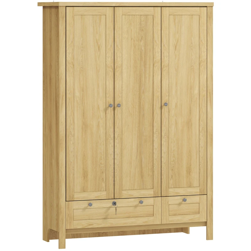 HOMCOM 3 Doors Wardrobe Closet with 2 Drawers, Bedroom Armoire with Lockable Drawer, Hanging Rod and Storage Shelves, Natural