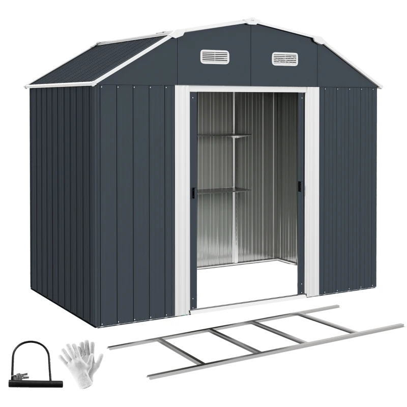 Outsunny 8' x 4' Galvanized Outdoor Storage Shed, Garden Shed with Adjustable Shelves, Double Sliding Doors and Vents