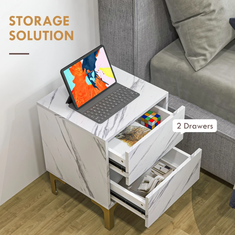 HOMCOM Faux Marbled Bedside Tables Set of 2, Accent Nightstands with Drawers for Bedroom, Living Room, White