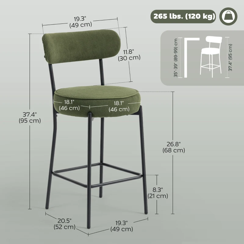 HOMCOM Set of 2 Barstools, Upholstered Corduroy Bar Stools with Backrest, Footrest for Kitchen Island, Dining Room, Green