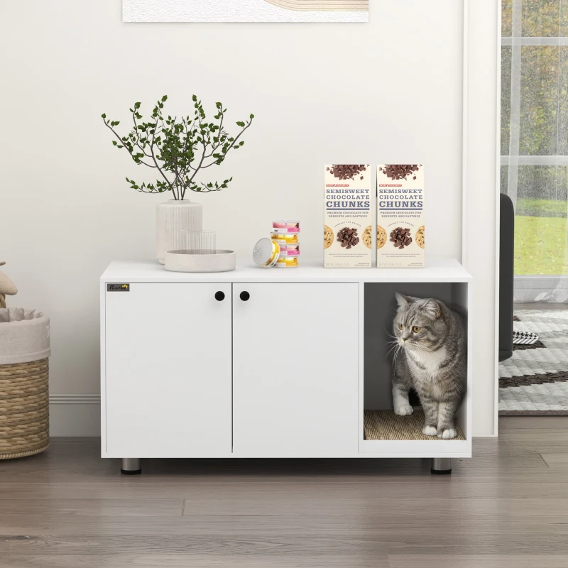 PawHut Litter Box Furniture Hidden Cat Washroom Furniture with Double Doors and Scratching Pad, White