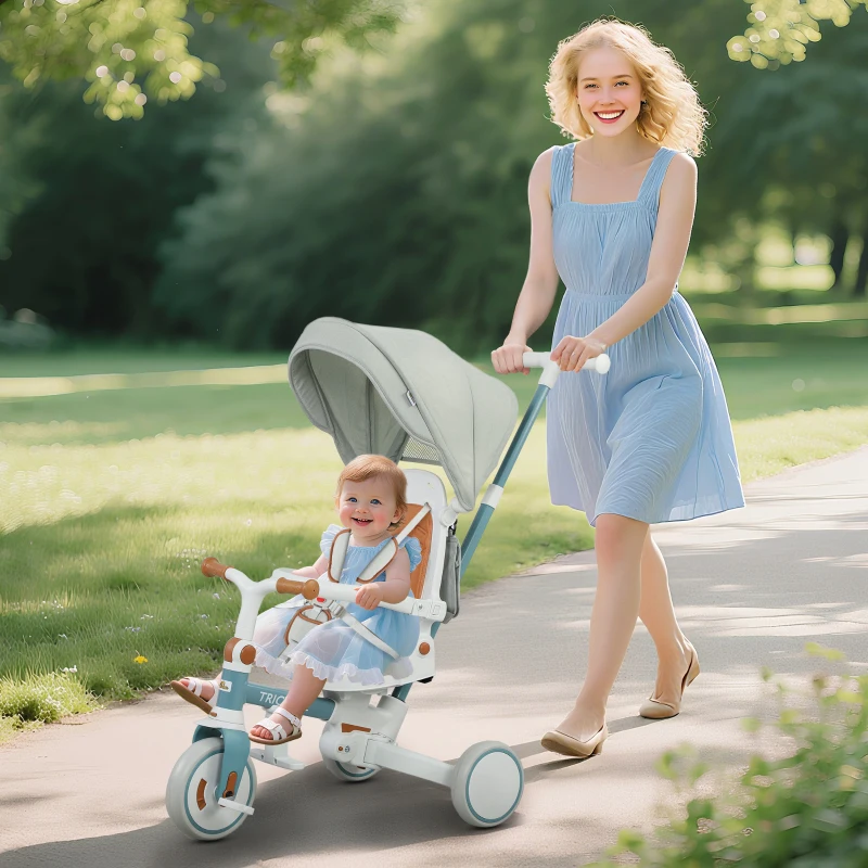 Qaba 7 in 1 Toddler Tricycle with Safety Harness, Adjustable & Removable Parent Handle, Canopy, Storage Bag, Brake, Blue