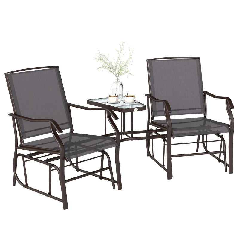 Outsunny Outdoor Glider Chairs with Coffee Table, Patio 2-Seat Rocking Chair Swing Loveseat with Breathable Sling for Backyard, Garden, and Porch, Gray
