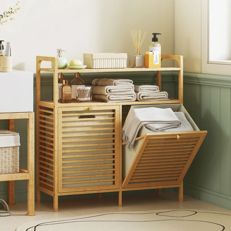 HOMCOM Tilt Out Laundry Hamper, Bamboo Laundry Cabinet with 2 Removable Baskets and 2-Tier Shelves for Laundry Room, Natural