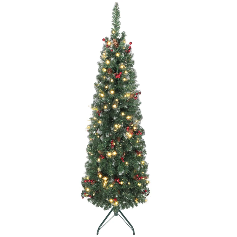 HOMCOM 5 ft Pencil Prelit Christmas Tree with LED Light, Silver Glitter, Dense Pointed Branches, 8 Modes, Slim Xmas Tree