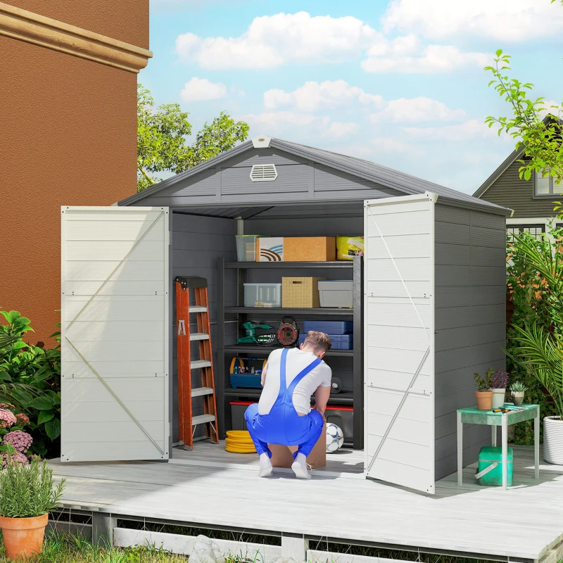 Outsunny 8' x 6' Plastic Garden Storage Shed with Latch Door, Vents, Sloped Roof, Light Grey