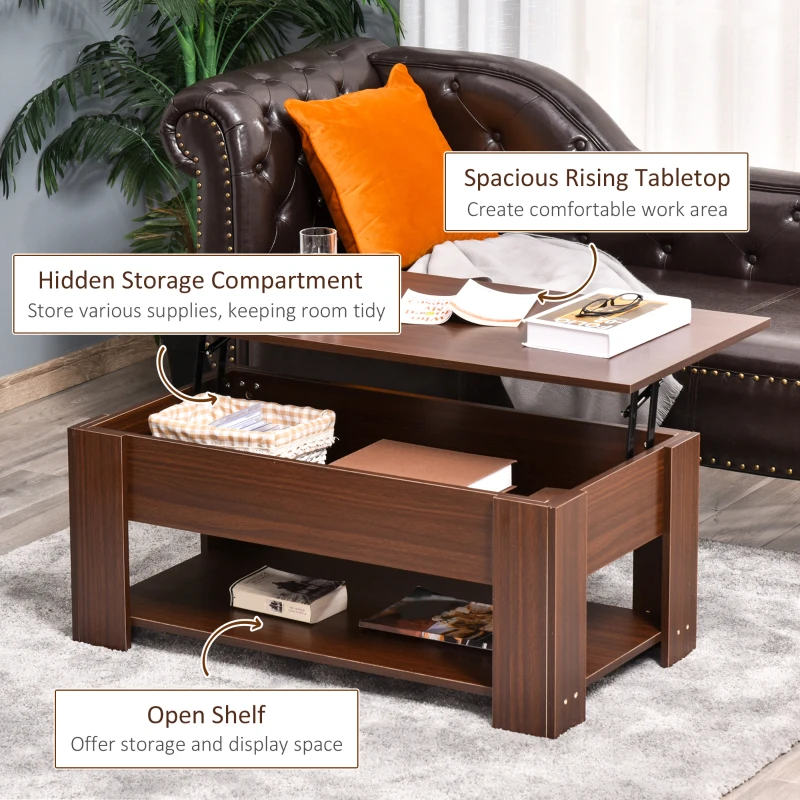 HOMCOM Lift Top Coffee Table with Hidden Storage Compartment and Open Shelf, Center Table for Living Room, Brown