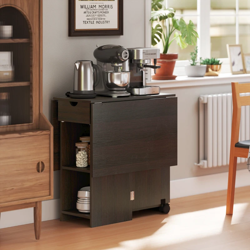 HOMCOM Folding Dining Table, Space Saving Drop Leaf Table with Drawer and Storage Shelves for Kitchen, Dining Room, Dark Brown