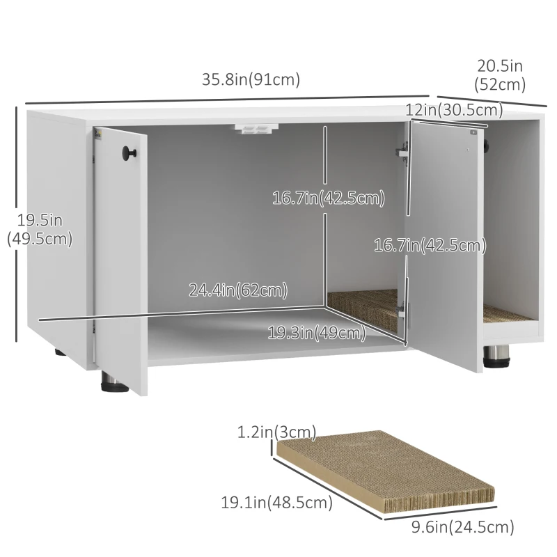 PawHut Litter Box Furniture Hidden Cat Washroom Furniture with Double Doors and Scratching Pad, White