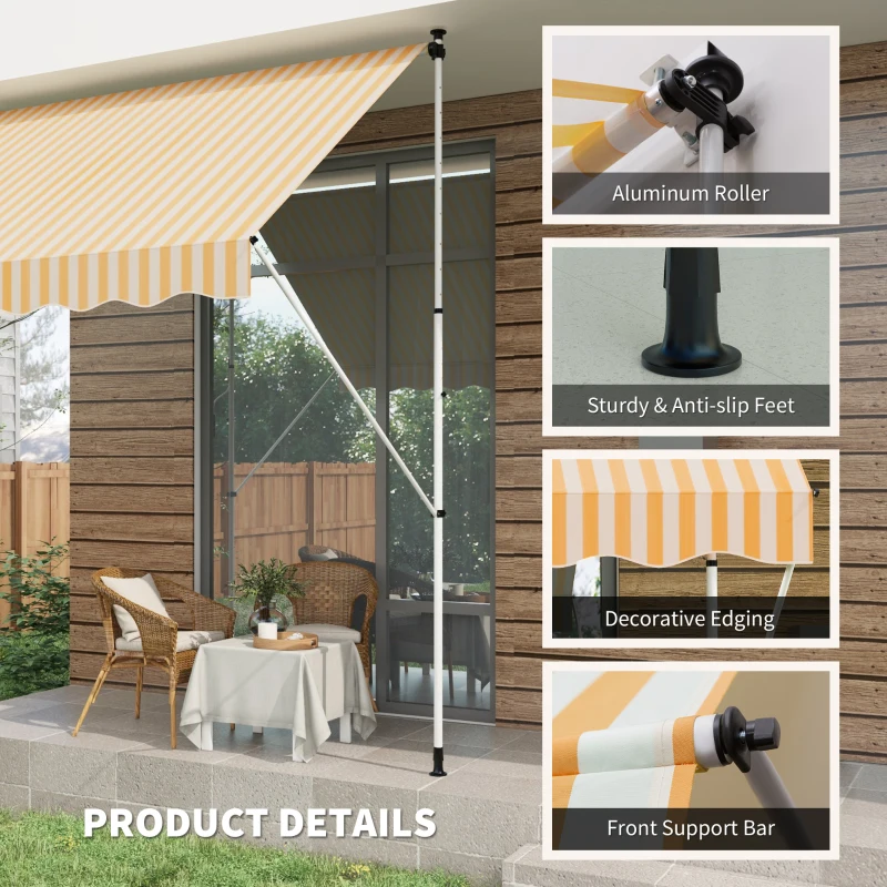 Outsunny 10x5ft Manual Retractable Awning, Patio Sun Shade Canopy Shelter with 5.6-9.2ft Support Pole, Water Resistant UV Protector, for Window, Door, Porch, Deck, Yellow