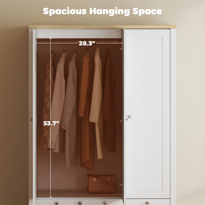 HOMCOM 3 Doors Wardrobe Closet with 2 Drawers, Bedroom Armoire with Lockable Drawer, Hanging Rod and Storage Shelves, White
