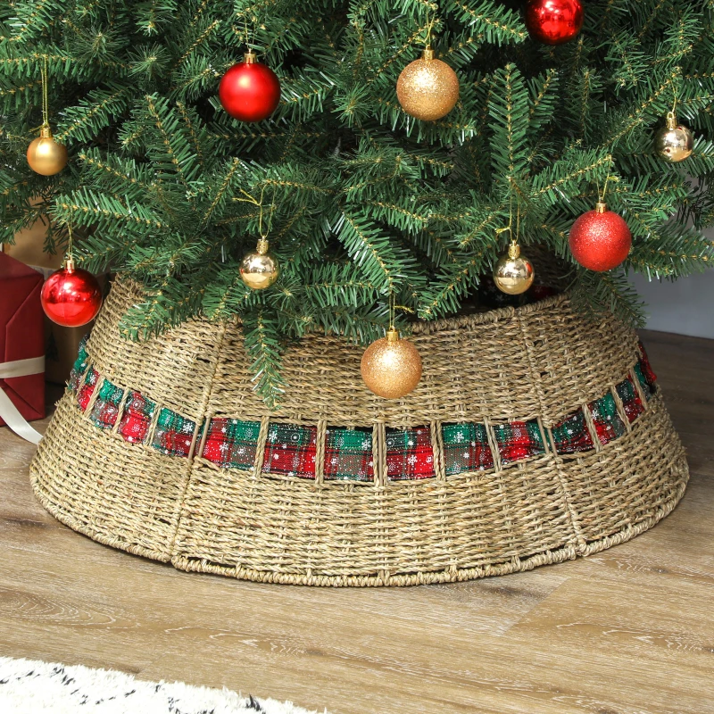 HOMCOM 28 inch Rustic Christmas Tree Skirt, Rattan Woven Christmas Tree Collar for Party, Holiday, Home Decoration, Natural