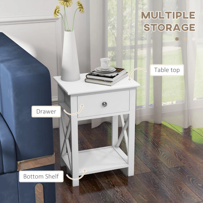 HOMCOM Wooden End Table Bedroom Nightstand Coffee Table Open Cabinet w/ Drawer and Shelf White