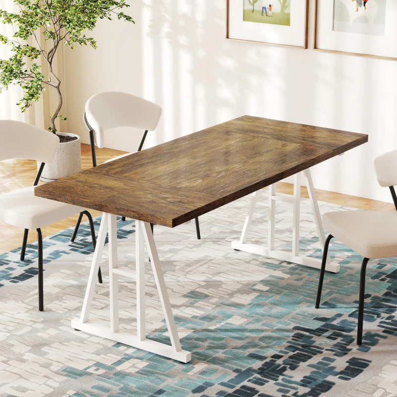 HOMCOM Farmhouse Kitchen Table for 8, Rectangular Dining Table with Thick Tabletop and Steel Trestle Legs, Brown and White