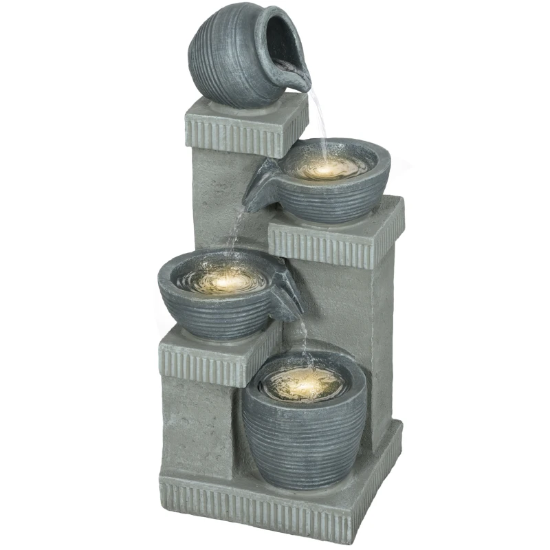 Outsunny 4-Tiered Outdoor Jar and Bowls Water Fountain with LED Lights, Adjustable Flow, 26.4-inch Resin Waterfall Fountain