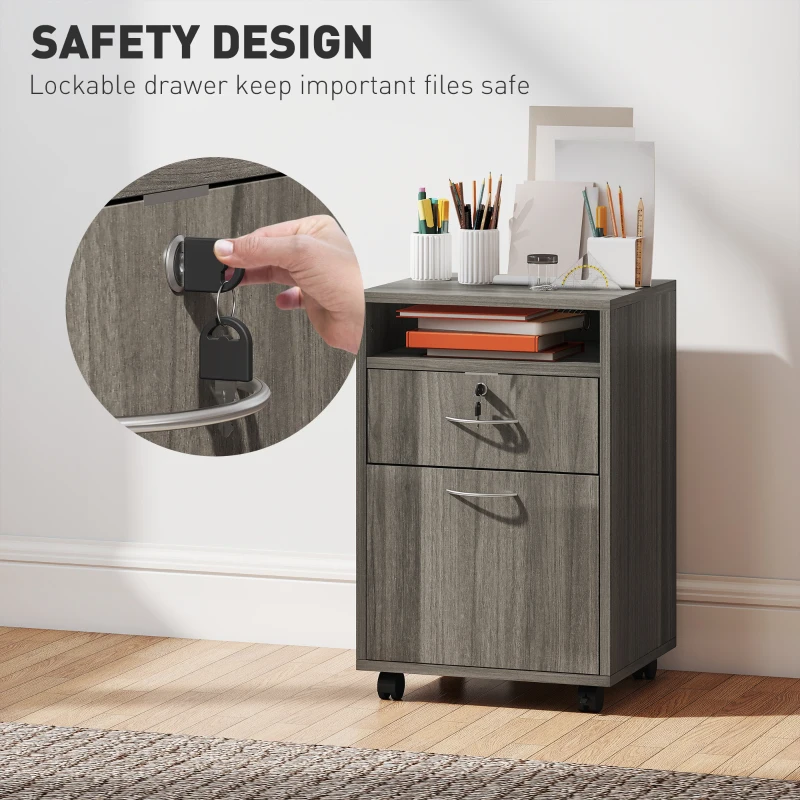 HOMCOM 24" Filing Cabinet with Open Compartment, Lockable Drawer and Wheels, Home Office Storage Cabinet, Distressed Grey