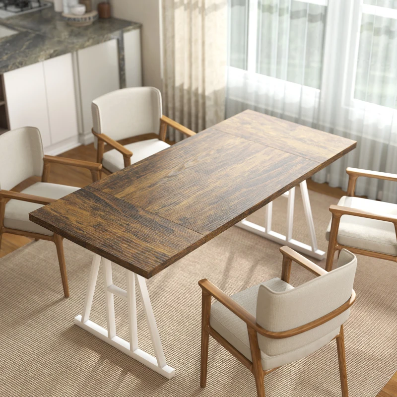 HOMCOM Farmhouse Kitchen Table for 8, Rectangular Dining Table with Thick Tabletop and Steel Trestle Legs, Brown and White