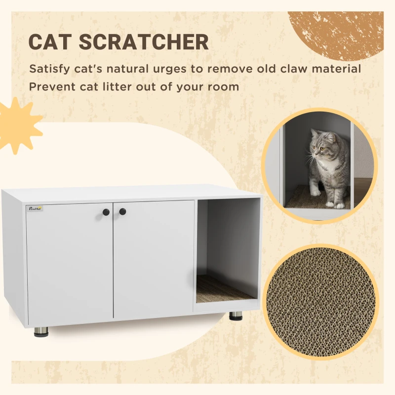 PawHut Litter Box Furniture Hidden Cat Washroom Furniture with Double Doors and Scratching Pad, White