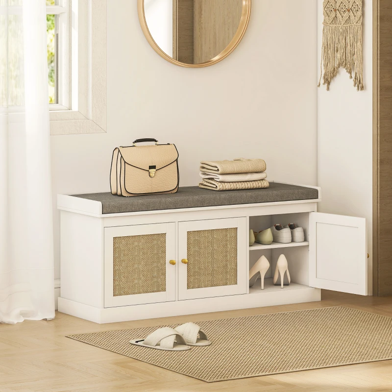 HOMCOM Shoe Storage Bench with Woven Rattan Doors, Shoe Bench with Cushion, Adjustable Shelves, Entryway Bench, White