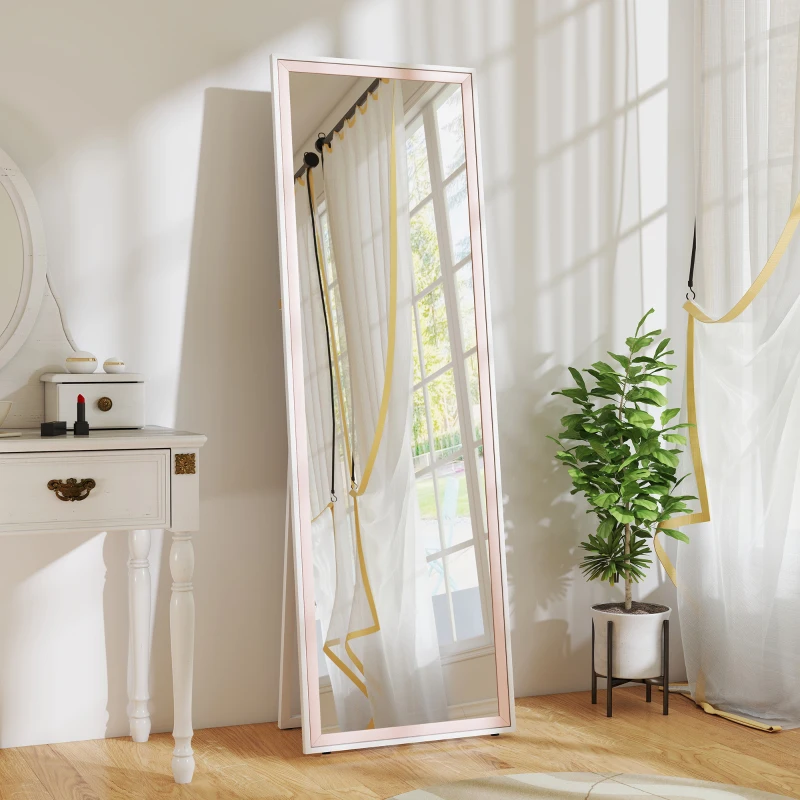 HOMCOM 64" x 21" Full Length Mirror, Rectangular Full Body Mirror with Frame, Standing, Hanging or Leaning, White and Pink