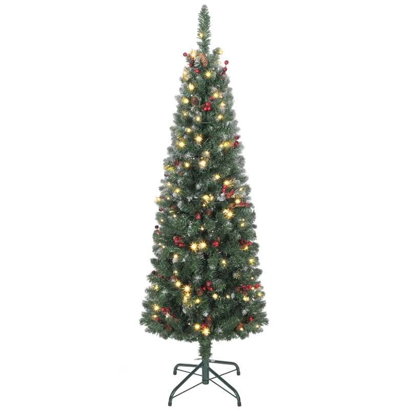 HOMCOM 5 ft Pencil Prelit Christmas Tree with LED Light, Silver Glitter, Dense Pointed Branches, 8 Modes, Slim Xmas Tree