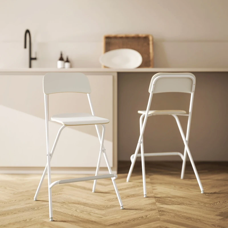 HOMCOM Folding Bar Stools Set of 2, Counter Height Foldable Stool with Wooden Effect Seat and Steel Frame for Kitchen, White