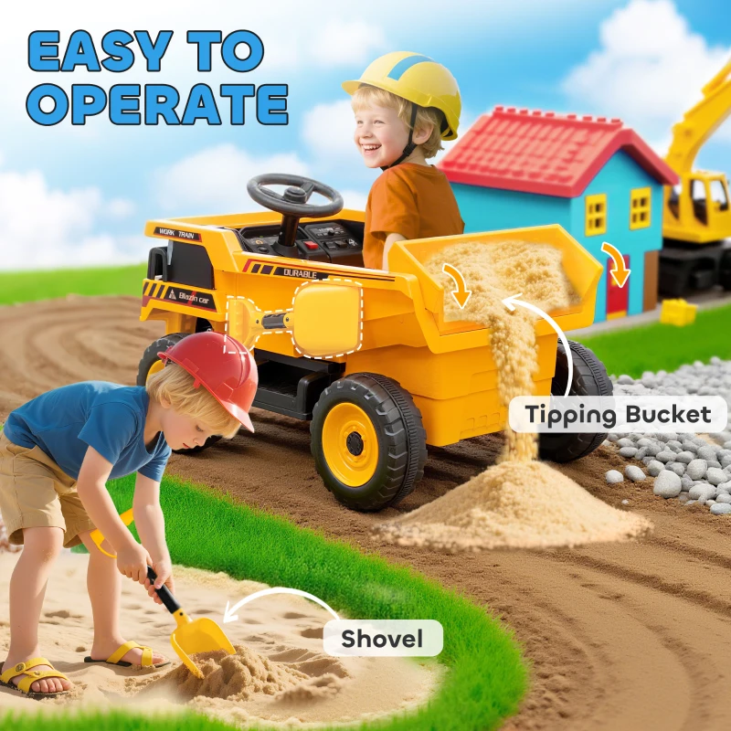 Qaba Kids Electric Car, Ride On Dump Truck, 12V Ride On Toy with Electric Dump Bed and Remote Control, Yellow