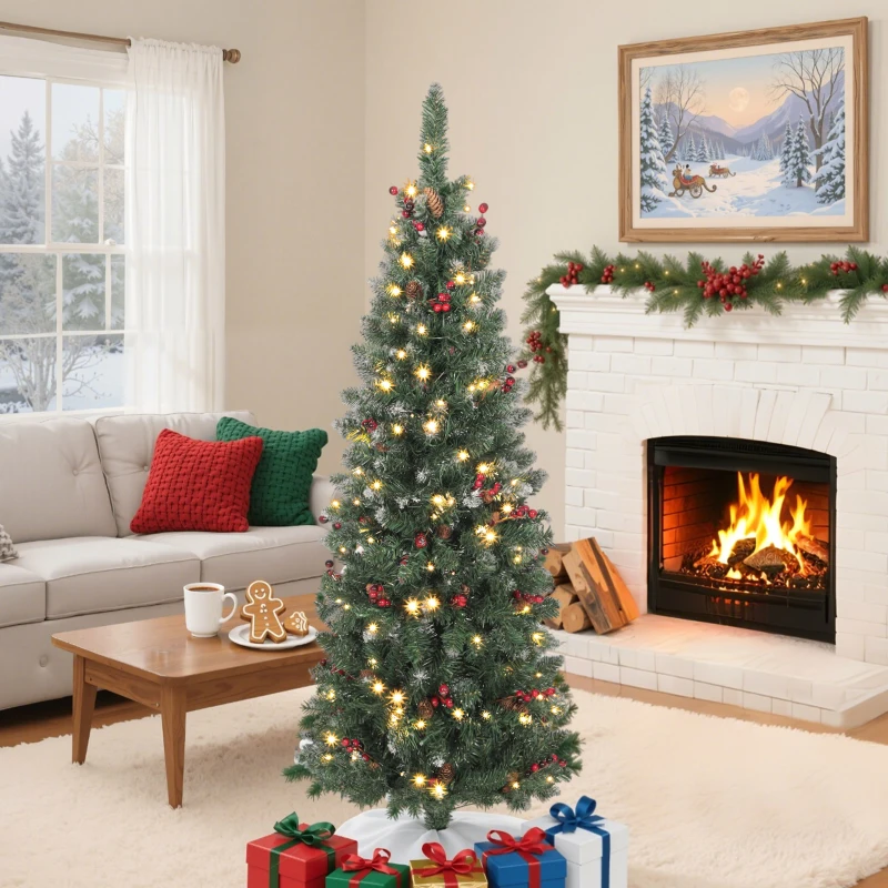 HOMCOM 5 ft Pencil Prelit Christmas Tree with LED Light, Silver Glitter, Dense Pointed Branches, 8 Modes, Slim Xmas Tree