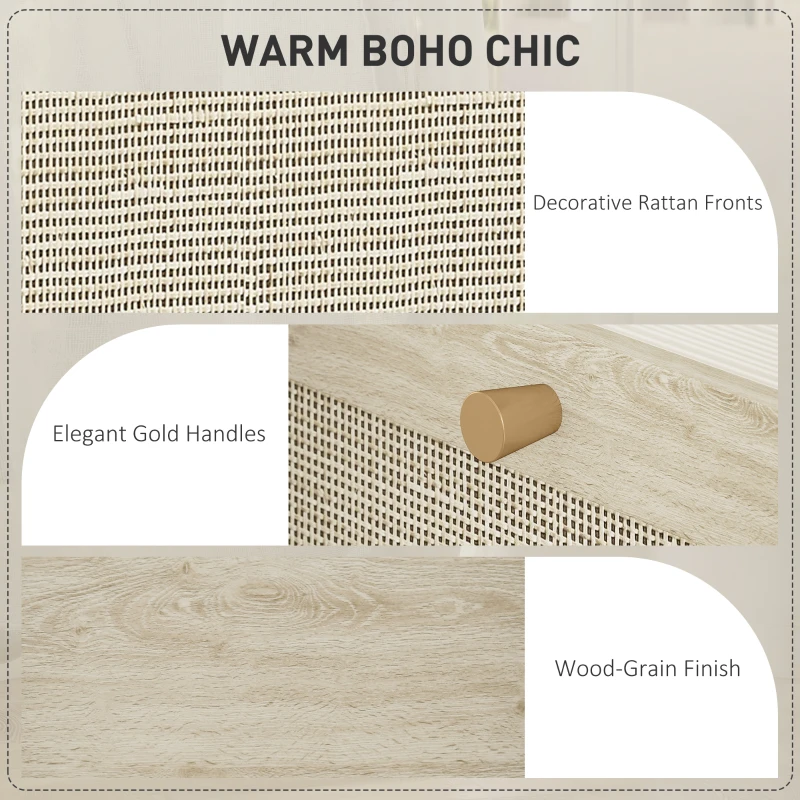 HOMCOM 3 Drawer Filing Cabinet with Lock, Boho File Cabinet for A4 Letter Size Files with Decorative Rattan Accents, Oak