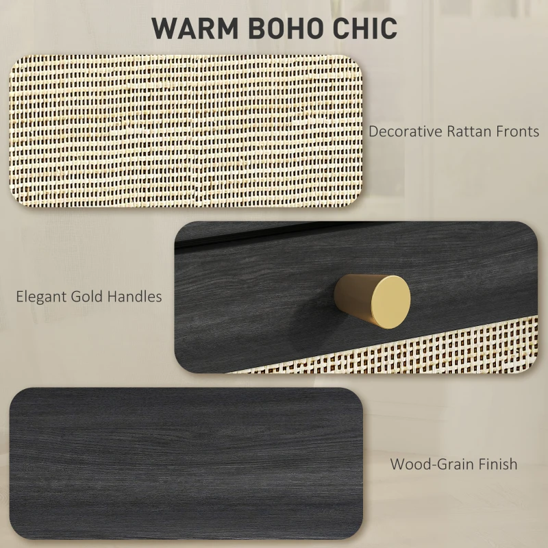 HOMCOM 4 Drawer Filing Cabinet with Lock, Boho File Cabinet for A4 Letter Size Files with Decorative Rattan Accents, Black