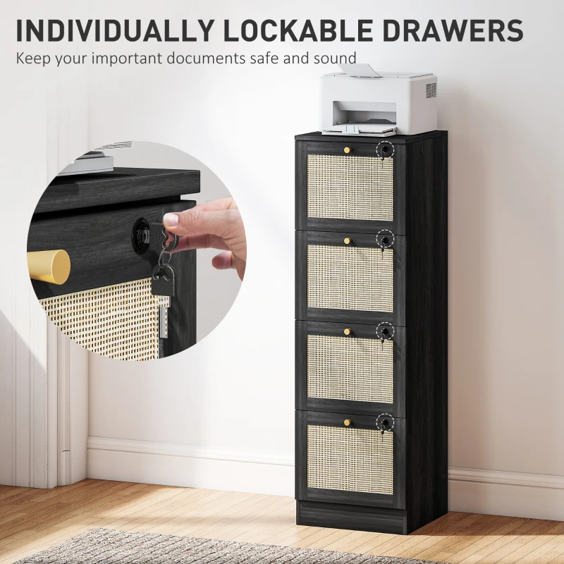 HOMCOM 4 Drawer Filing Cabinet with Lock, Boho File Cabinet for A4 Letter Size Files with Decorative Rattan Accents, Black